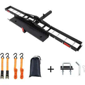 Motorcycle Trailer Carrier with Loading Ramp 600 LBS Weight Capacity Heavy-Duty Iron & Aluminum Construction, Includes 4 Straps, Black Motorcycle Transport Hitch Platform