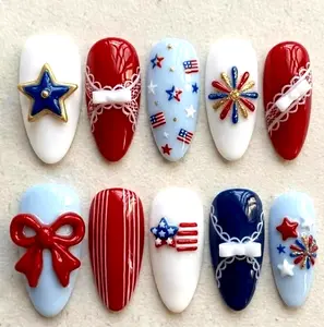 Luxury 4th of July Star and Bow 3D Gel Press On Nails, American Flag Patriotic Nail Set, Red Blue White Celebration Nails, Festive Aesthetic Nail Set,Custom Nails For Women, Party, Holiday Nails