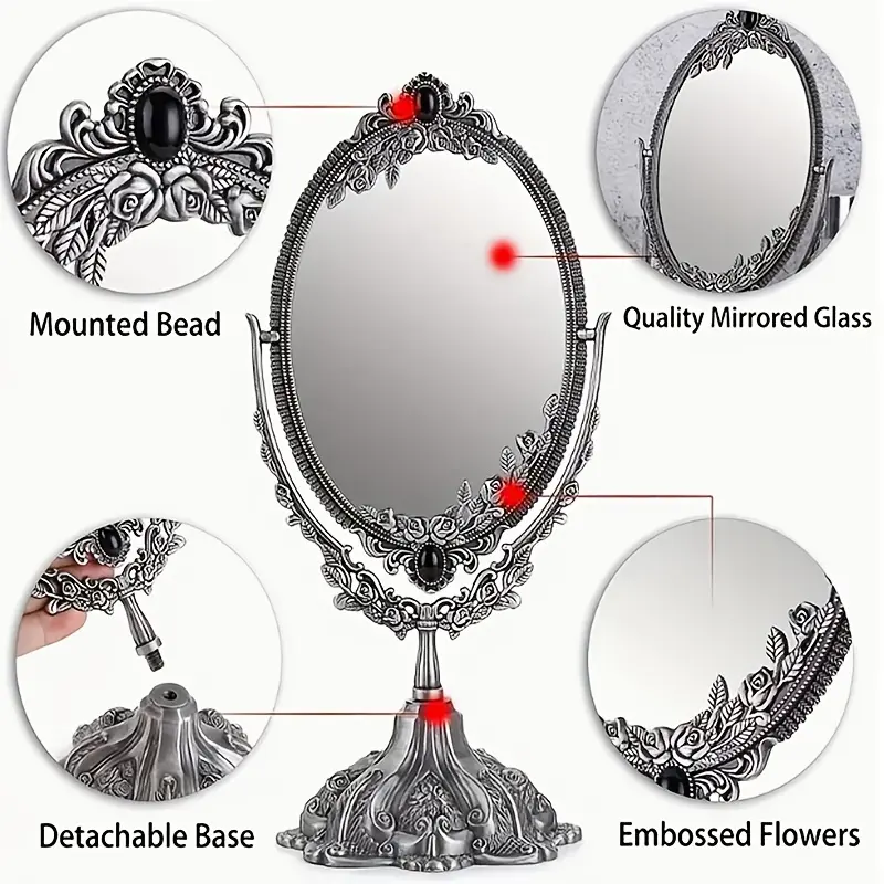 New 1pc Metal Desktop Antique Decorative Makeup Mirror Vintage Rotating Double Sided Makeup Mirror With Frame Tabletop Oval Vanity Mirror For Bathroom Bedroom Cosmetic