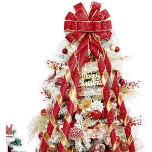 Christmas Tree Topper Bow, 53x13 Inches Large Christmas Bow with Glitter Streamer and Patterned Ribbon, Decorative Bows for Xmas Tree Wreath Door Festival Home Decor Red