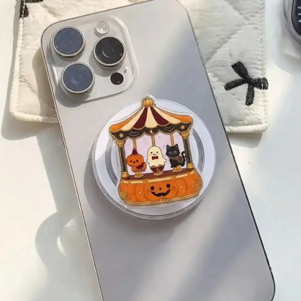 Spooky Halloween Carousel MagSafe Phone Grip, Cute Pumpkin, Ghost & Black Cat Merry-Go-Round PopSocket, Autumn Fall Aesthetic Accessory, TikTok Viral Merch