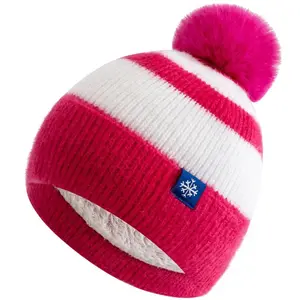 New Style Snow Label Beanie Hat Color Blocked Style Plush Fur Lined Pompoms Warm Winter Hat Fashion Y2k Beanie For Woman Girl