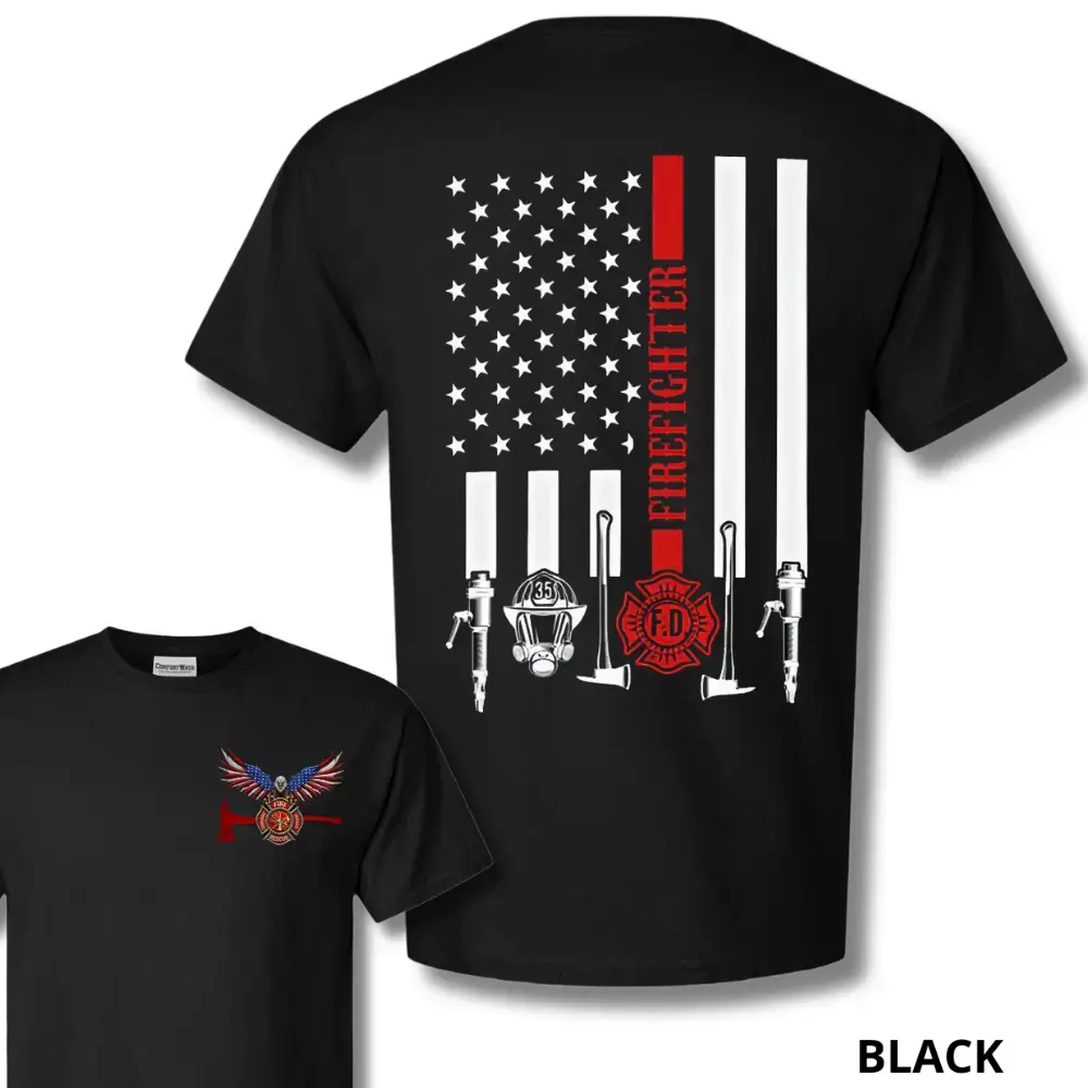 American Flag Firefighter T-Shirt, Thin Red Line Rescue Tools Graphic Tee, Soft Cotton Blend Shirt, Patriotic Fireman Apparel for Men & Women, First Responder Giftn, American Liberty Gift Menswear Top Classic Embroidered