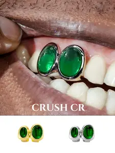 CRUSH CR 18K Gold Plated Green Gem Tooth Grillz Cap for Men Women, Oval Emerald-Cut Gem Accents Removable Perfect for Hip Hop Concerts, Music Festivals, Club Nights Urban Street Style, Durable Tarnish-Resistant Plating, Ideal Luxury Dental Jewelry