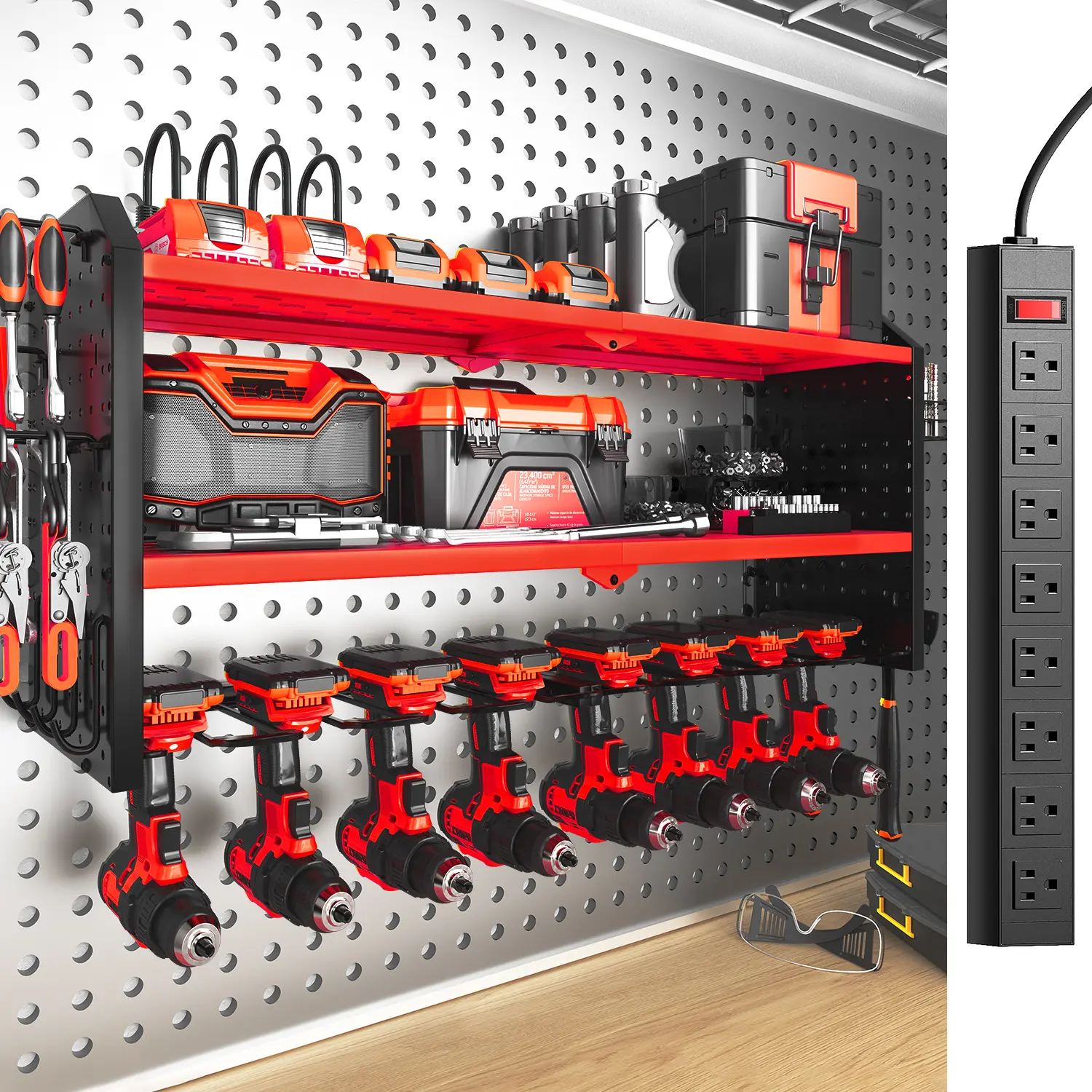 SOYEEZE Large Power Tool Organizer Wall Mount with Charging Station, 3 Layer Heavy Duty Metal Tool Storage Rack with 8 Drill Holder, Tool Holder Built in 8 Outlet Power Strip