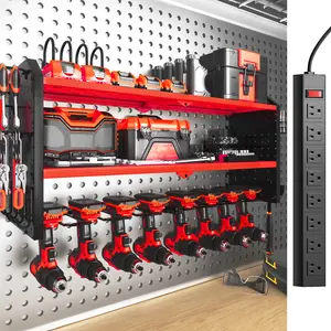 SOYEEZE Large Power Tool Organizer Wall Mount with Charging Station, 3 Layer Heavy Duty Metal Tool Storage Rack with 8 Drill Holder, Tool Holder Built in 8 Outlet Power Strip