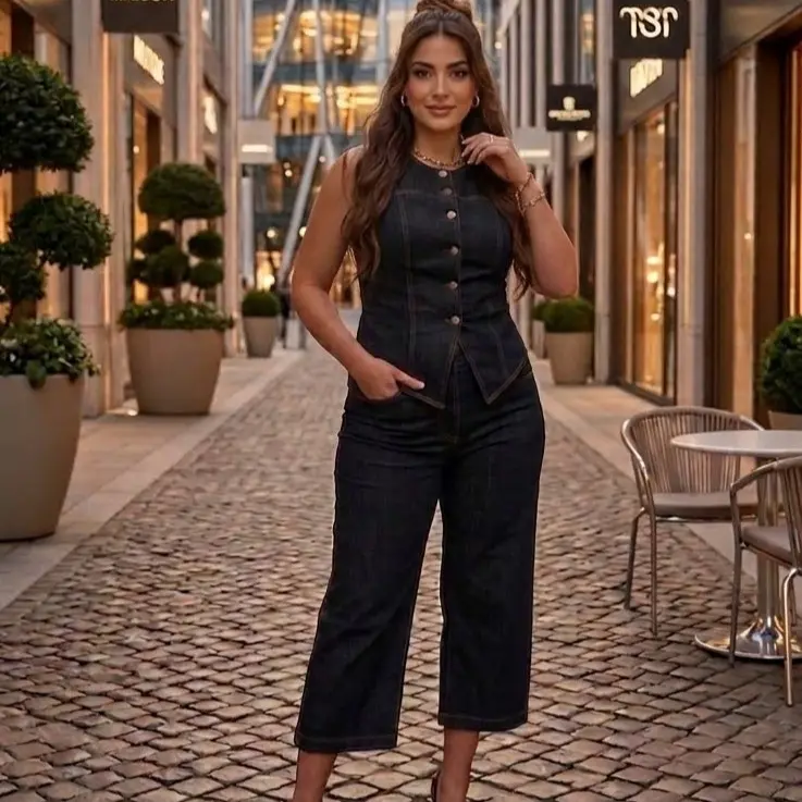 WENRY Women's 2Pieces Denim Outfit Sleeveless Button Front Design Top and 3/4 Wide Leg Zipper Casual Pant Set