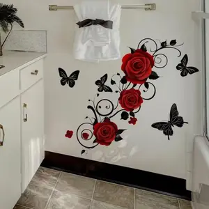 Rose Butterfly Pattern Wall Sticker, Self-Adhesive Decorative Decal, Home Living Room Bedroom Decoration, 1 Piece