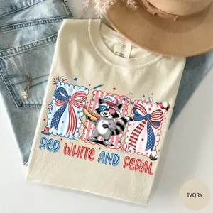 Comfort Colors Red White And Feral Shirt, Raccoon 4th Of July T-Shirt, Funny Raccoon Hot Dog Tee, Feral USA Shirt, Kids America Shirt, Independence Day