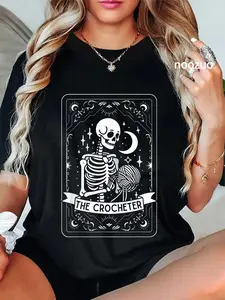 100% Cotton Unisex Skeleton The Crocheter Tarot Card Knitter Crochet Lover T-Shirt Casual Top