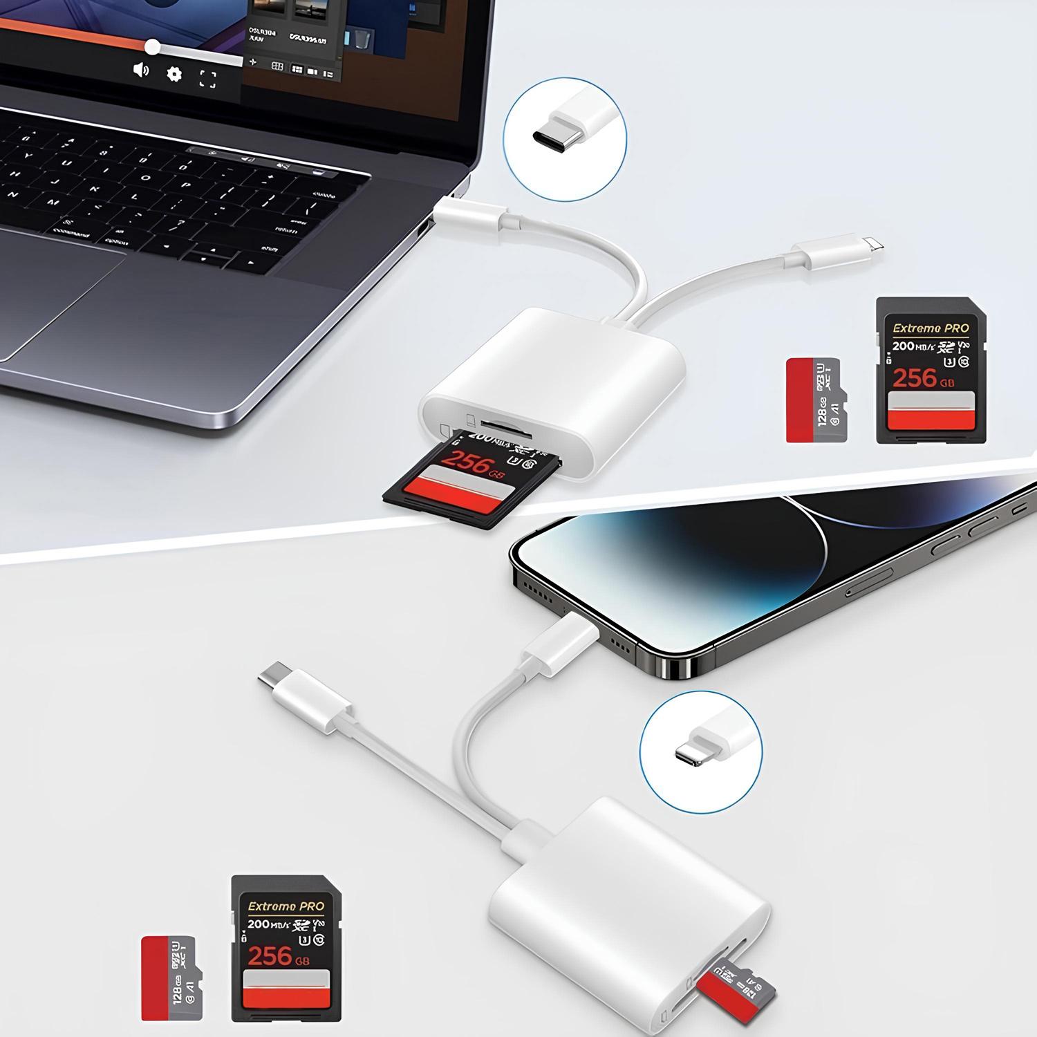 2-in-1 SD Card Reader for iPhone, iPad, USB-C & Lightning Dual Connector Digital Camera Adapter to iPhone, High-Speed Trail Camera Memory Card Viewer, Fast Transfer, Plug & Play, No App Needed 2-in-1 SD Card Reader for iPhone, iPad, USB-C & Lightning Dual Connector Digital Camera Adapter to iPhone, High-Speed Trail Camera Memory Card Viewer, Fast Transfer, Plug & Play, No App Needed