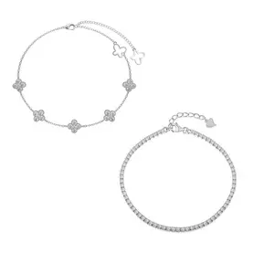 Clover and tennis bracelet  925 Sterling Silver & Gold Plated | Dainty Lucky Flower Charm Adjustable Chain