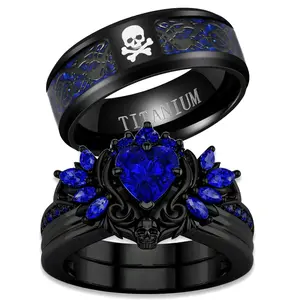 Lvrong Couple Rings Matching Rings Black Wings Skull Ring 1.5ct Heart Blue CZ Womens Wedding Ring Sets Punk Ring
