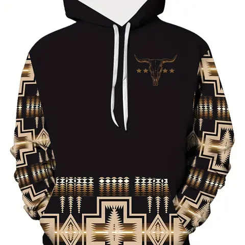 Men's Casual Hoodie, 3D Vintage Cartoon Print-Polyester Blend Pullover, Geometric Pattern, Long Sleeves, Kangaroo Pocket, Adjustable Drawstring Neck, Machine Washable, Essential Hoodie, Graphic Print Hoodie, Casual Drawstring Hooded