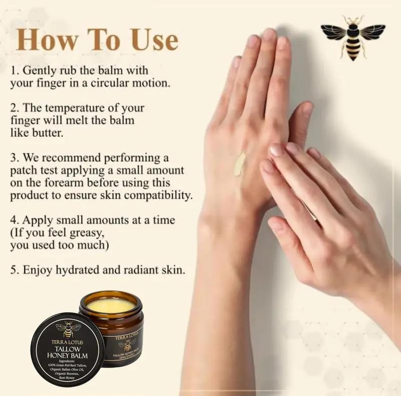 Organic Grass-Fed Beef Tallow Balm with Raw Honey - Handmade All-Natural Moisturizer for Soft, Smooth, Radiant Skin