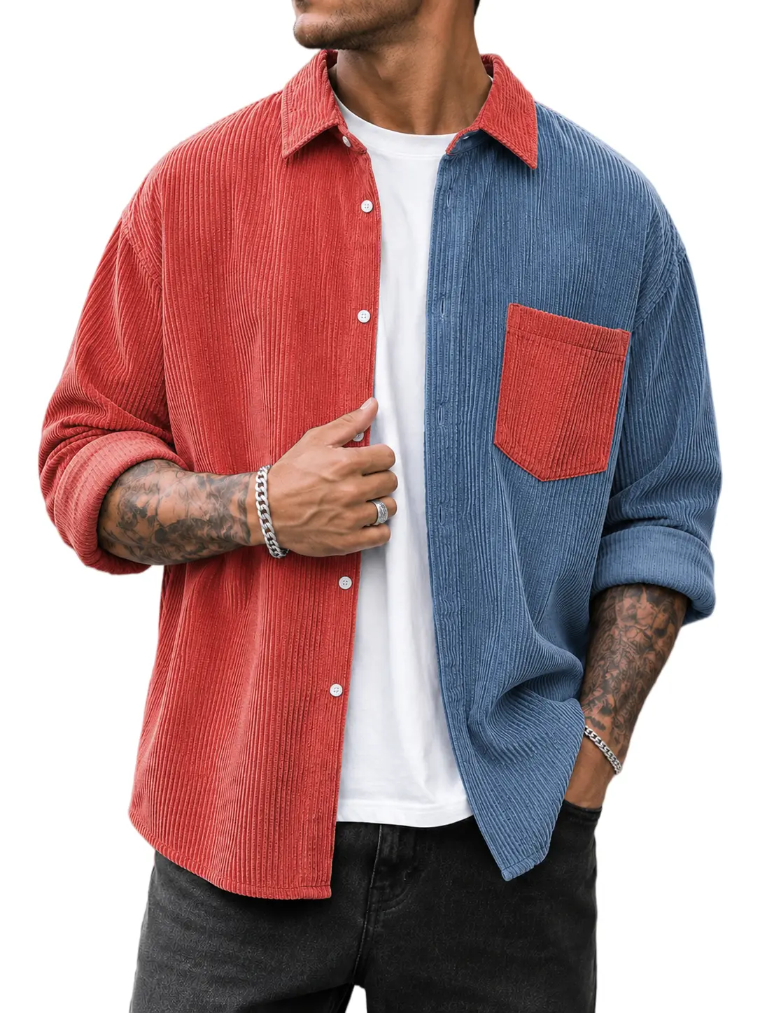 Men's Corduroy Shirt Jacket, Vintage Color Block Button Down Overshirt, Relaxed Fit Casual Long Sleeve Shirts for Work, Travel & Daily Wear Menswear