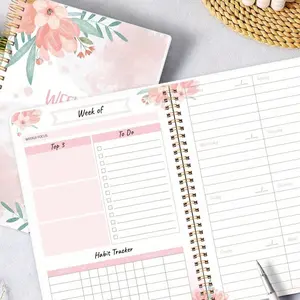 Floral Weekly Dated Planner Notebook, Spiral Bound Portable Diary, Week View To-Do List Habit Tracker, 8x5.8 Inches, Office Study Schedule Book