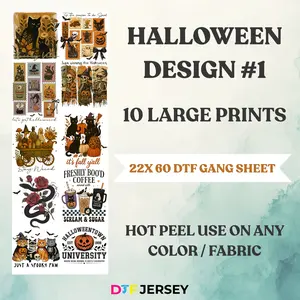 DFT Jersey Halloween Design #1 10 Large Prints 22x60 DTF Gang Sheet Hot Peel Transfer for Any Color Fabric