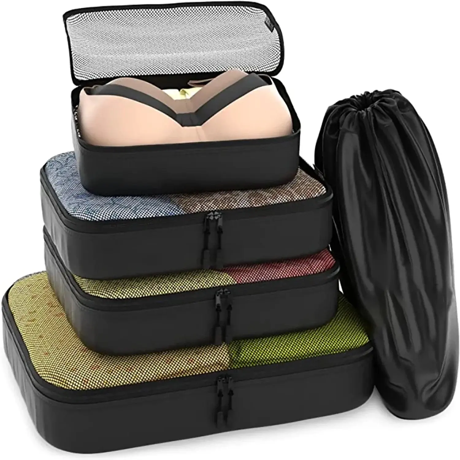Travel Red Mesh 5 Set Packing Cube Organizers With Laundry Bag