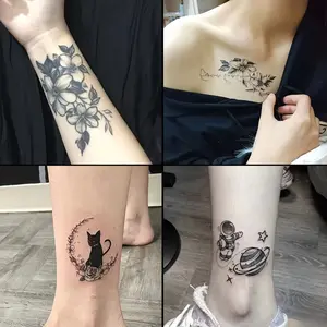 4 Large Herbs Tattoo Sticker, Including Plain Flowers, Cats, Planet Elements and Other Styles, Lasting for 7-15 Days, Waterproof and Hard-Wearing, Realistic Effect, Suitable for People Who Are Afraid of Pain and Do Not Want to Tattoo