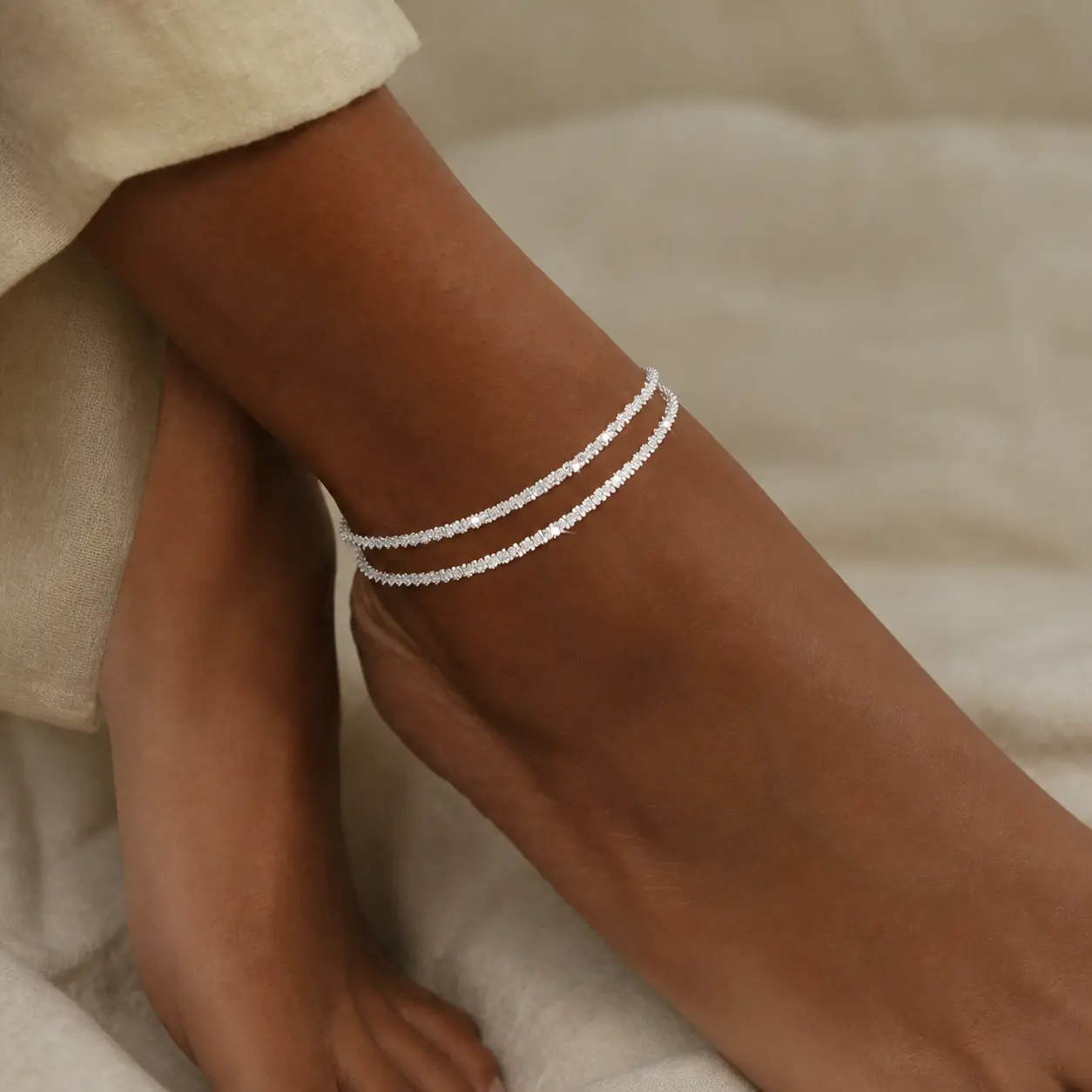 Dainty Layered Waterproof Anklet for Women, Silver Layered, Dainty Sparkle Multi Strand Chain Ankle Bracelet with Rhinestone Charm, Adjustable Stackable Foot Jewelry for Summer Beach Vacation, Labor Day, Back to School Gift