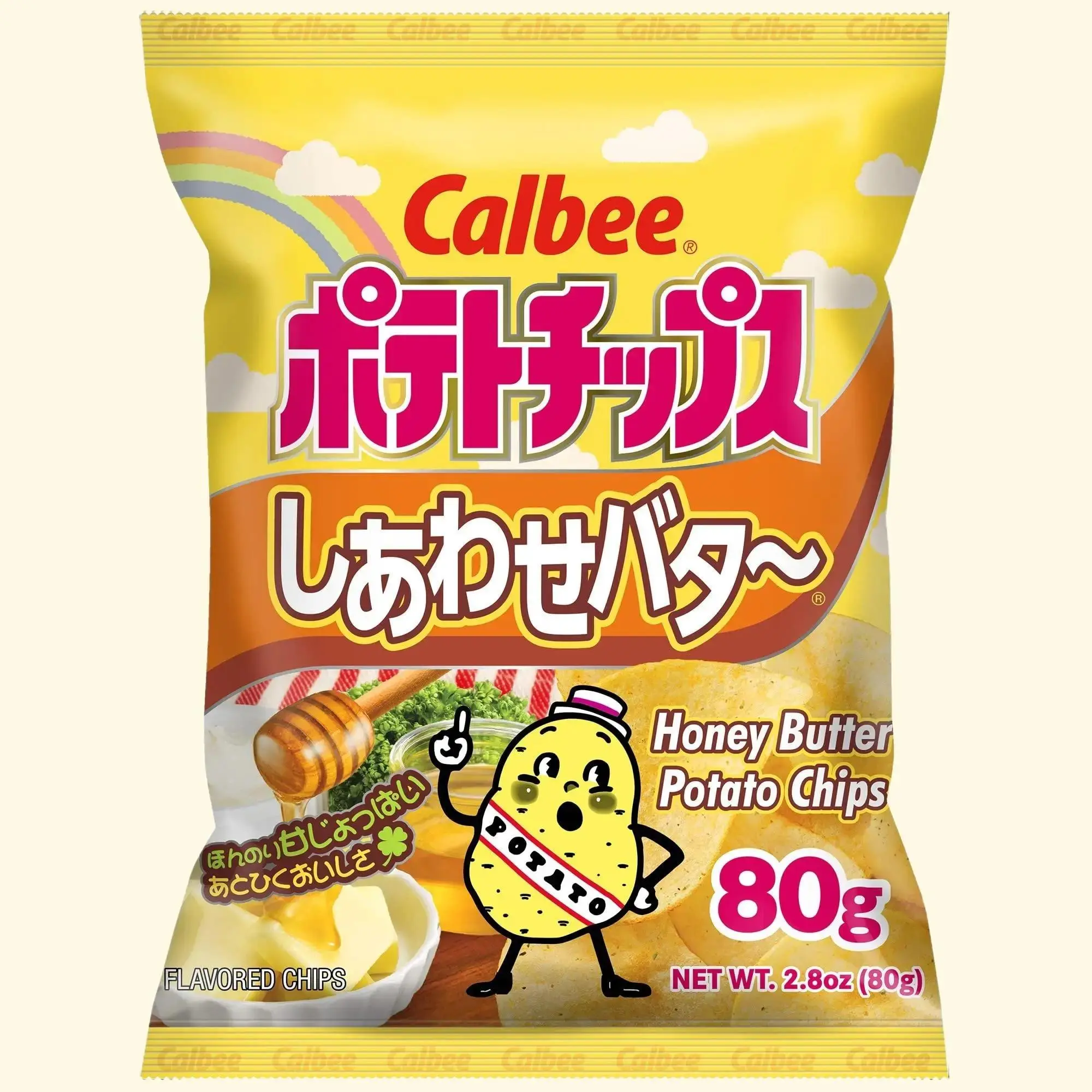 Calbee Honey Butter Flavor Potato Chips, 2.8oz Bitesized Crunchy Crisps, Savory-Sweet Creamy Buttery Treats, Milk-Containing Snack, Best Enjoyed at Room Temperature