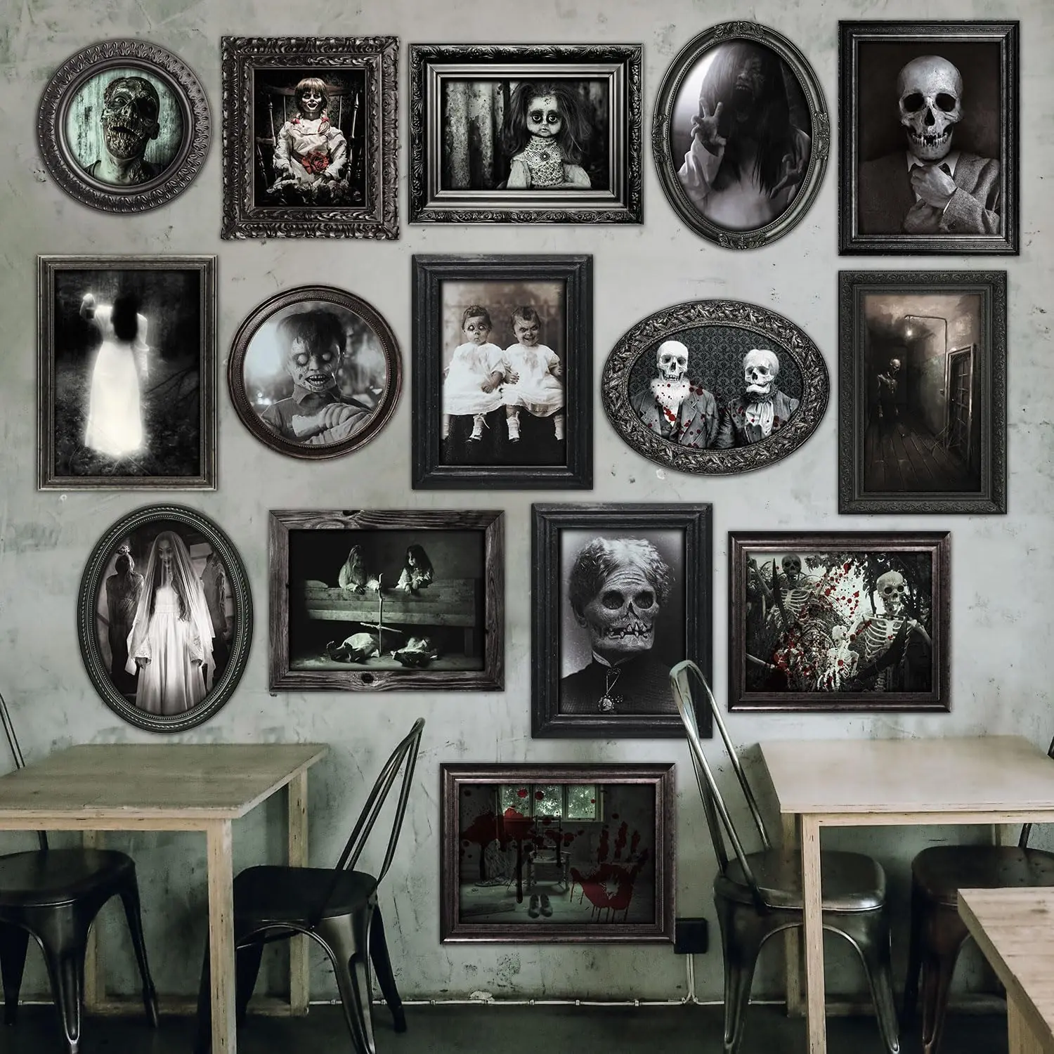 15 Halloween Gothic Creepy Skull Photos Haunted Picture Frame, Waterproof, with 80pcs Self Dots,Creepy Photo Decoration For Haunted Masquerade Black