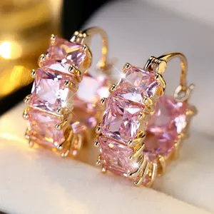 Fashion elegant square shape pink synthetic zirconia lovely girl clip earring exquisite versatile earrings for Valentine's Day gift