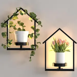 Wall Planters for Indoor  with Lights, 2 Pack House Shape  Shelves, Anti-Rust  Wall  Holder with Warm Light for  Decor Indoor Outdoor, Entryway Housewarming/Wedding