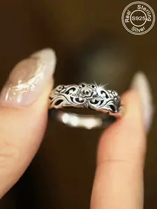 Vintage S925 Sterling Silver Rose Pattern Ring for Women, Elegant Hollow Design, Perfect for Weddings and Parties, All Seasons Jewelry, Unique Rings