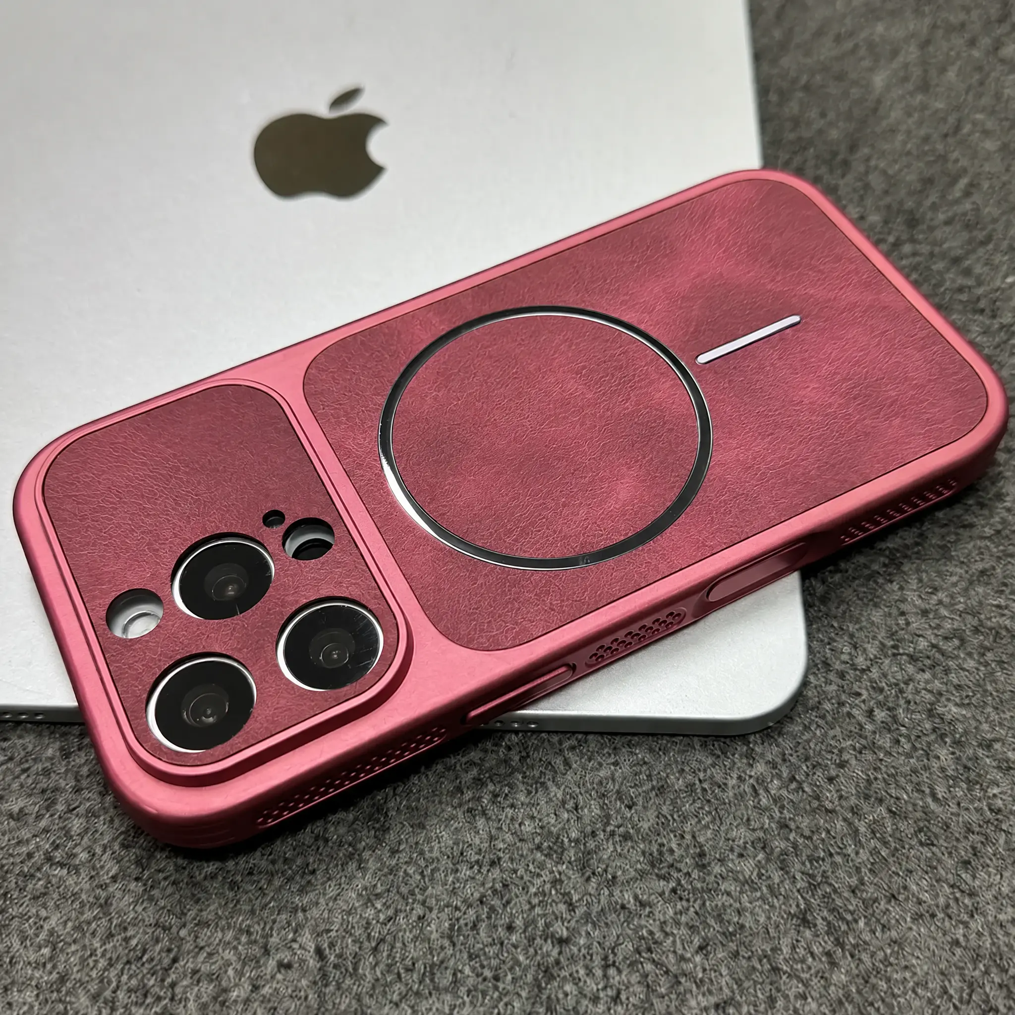 Eros Brand Calfskin Suede Leather Magnetic Suction Case with Large Window Side Cooling Cover for iPhone 17 Mobile Phones, Calfskin Leather
