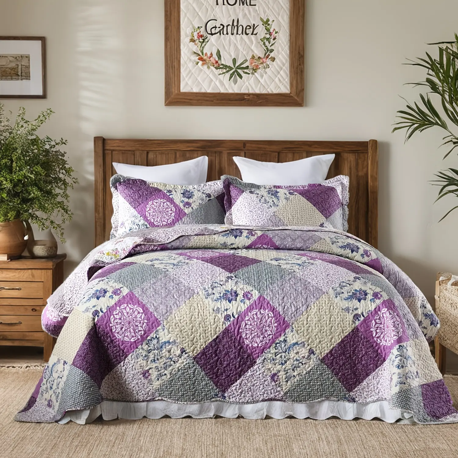 Spring Blossom Exclusive Purple Floral 3-Piece King Quilt Set, Soft Microfiber Quilted Bedding, Reversible Lightweight All-Season Coverlet with Pillow Shams