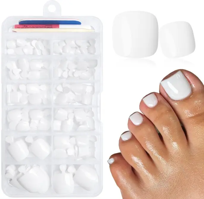 Press on Toenails Women Fake Toe Nails with Glue Tabs, White Fake Toenails Press on Nails Short Square Acrylic Toe Nail Tips Glue on Toenails False Artificial Toe Nails Press ons
