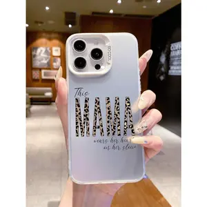 Fashionable Leopard Print "MAMA" Mother's Day Element Design Luxury Gradient Silver Silicone Soft Edge Acrylic Hard Back Protective Camera Lens Shockproof Thick PC Metal Button Phone CaseSuitable for a variety of iPhone models