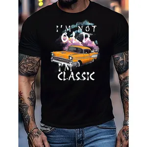 Men's Graphic T-Shirt - Vintage Car Design, Crew Neck, Short Sleeve, Cotton Knit Fabric, All-Season Casual Streetwear