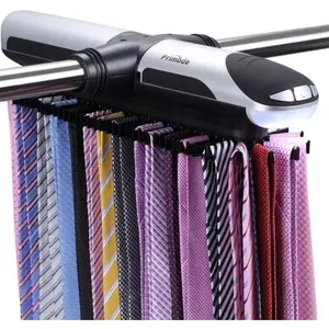 Motorized Tie Rack Closet Organizer with LED Lights Includes J Hooks for Wired Shelving Stores Up to 72 Ties & 8 Belts Battery Operated