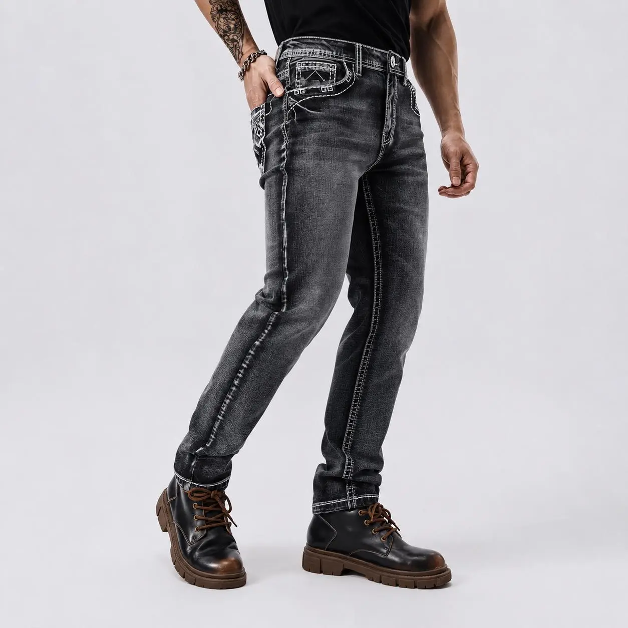 Men's Relaxed Jeans Embroidered Thick Stitched Stretch Skate Pants Straight Fit Washed Denim with Front and Back Pockets Vintage Classic Elastic