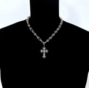 1PC Vintage Silver Rhinestone Cross Pendant Necklace, Gothic Punk Barbed Wire Chain Statement Choker for Women Men,  Streetwear Jewelry, Ideal Birthday Easter Gift
