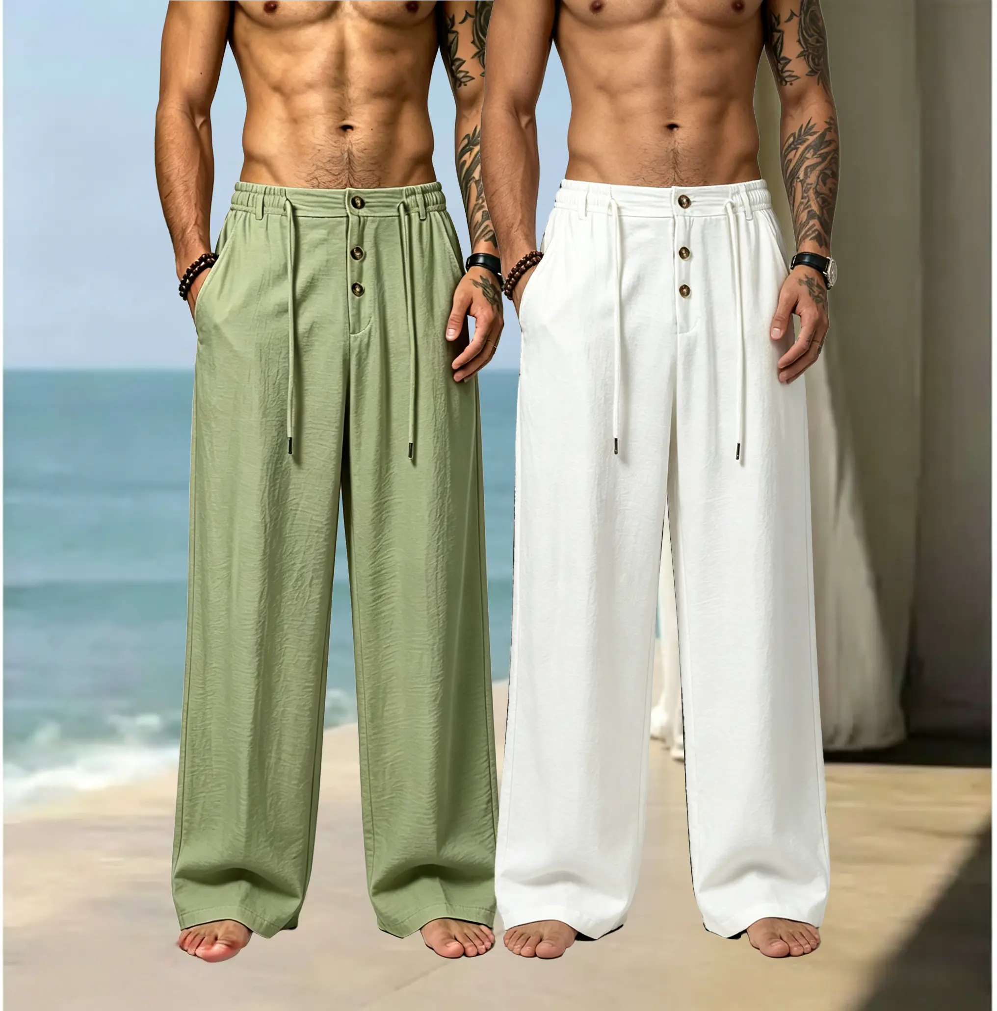 Men's Stylish 2-Pack Plain Wide Straight Leg Casual Trousers with Elastic Waist, Adjustable Bottom - White, Khaki