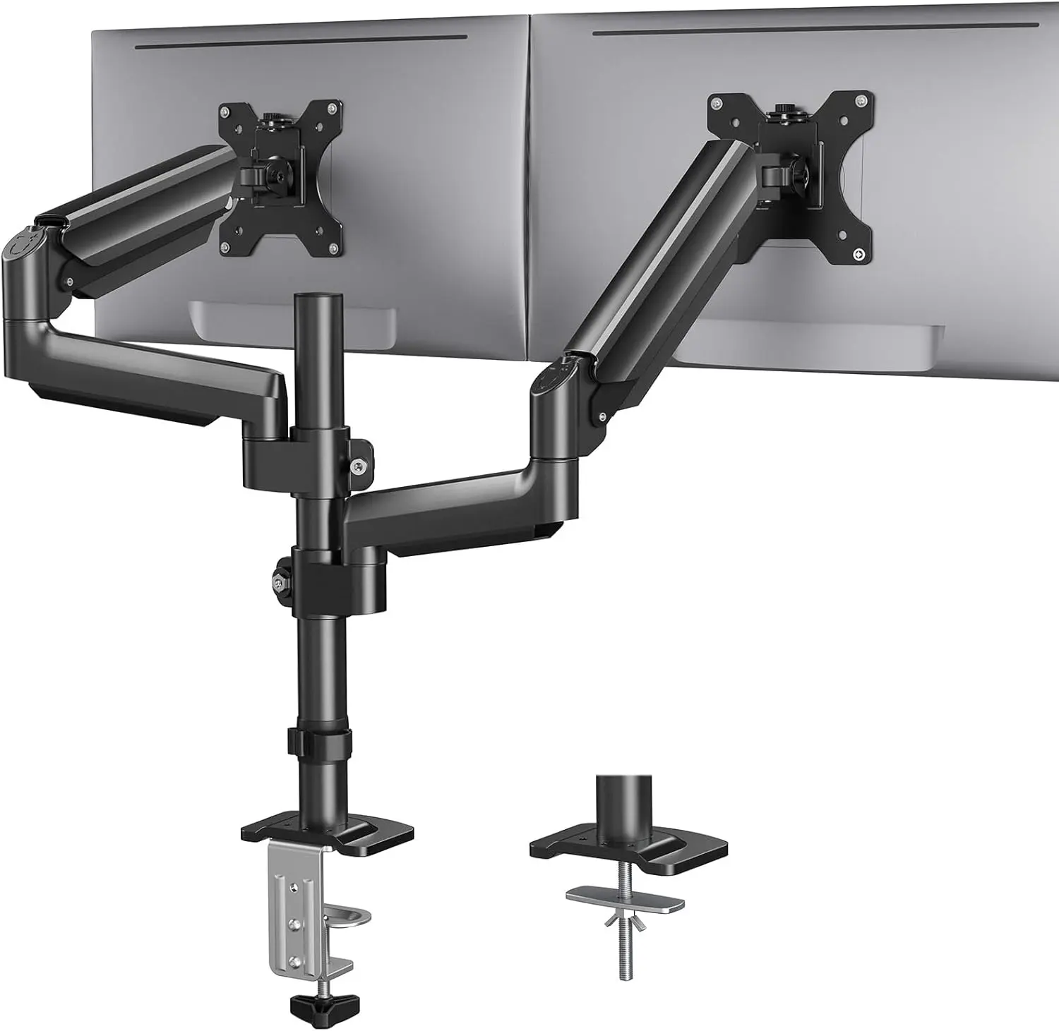 HUANUO Dual Monitor Stand, supports up to 32-inch screens and 19.8lbs, VESA 75/100mm compatible, with adjustable height, tilt, swivel, and rotation features.