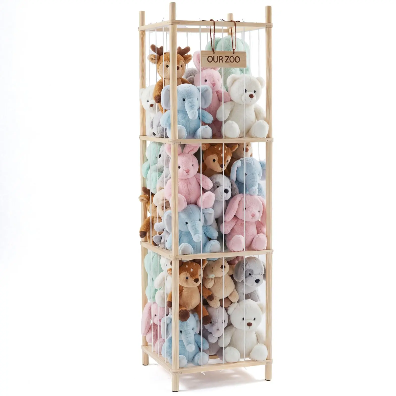 54" Large Stuffed Animal Storage Rack - Space Saving Wooden Toy Organizer with Elastic Cords for Bedroom, Playroom, Living Room
