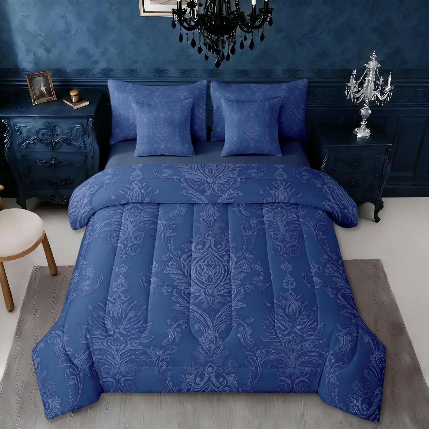 Feelyou 7-Piece Victorian Floral Queen Comforter Set - Breathable Bed-in-A-Bag Cloth Bedding, Royal Blue Damask Baroque-Style Vintage Exotic Multi-Size Decor for Adults