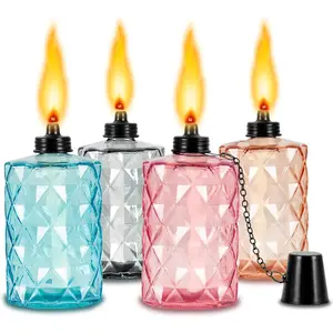 4 Pack 12oz Glass Table Top Citronella Torches, Refillable Outdoor Flame Light Torch with Wick and Cap Included, Ideal for Garden Yard Patio Party Landscape Decor