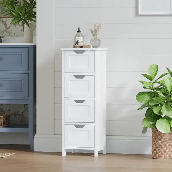 White Freestanding Wooden 4-Drawer Narrow Vertical Bathroom Floor Cabinet - Space-Saving Storage Organizer for Bathroom, Hallway anti-tip kit metal cupboard control sideboard