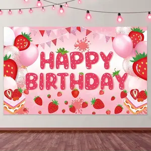 Strawberry Birthday Party Banner, Happy Birthday Decor Background, Suitable for Birthdays, Strawberry Theme Party, Indoor Outdoor Use, Party Decoration Supplies