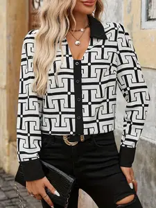 A black and white striped collar buttoned decorative geometric pattern printed long-sleeved blouse for women, suitable for both work and casual wear.
