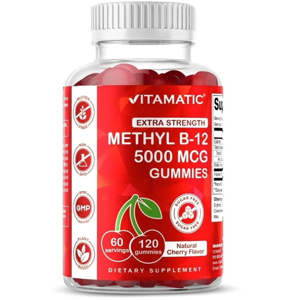 Vitamin B12 Gummies 5000 mcg (Methylcobalamin) – Extra Strength Energy & Nervous System Support – Sugar Free, Natural Cherry Flavor – Vegan, Non-GMO – 120 Gummies