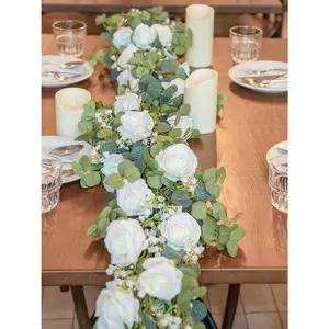 6FT Artificial Eucalyptus Garland with , 10 White Roses  Breath Garland Floral Greenery for Wedding Party Centerpiece Table Runner Backdrop Wall Decor Decoration
