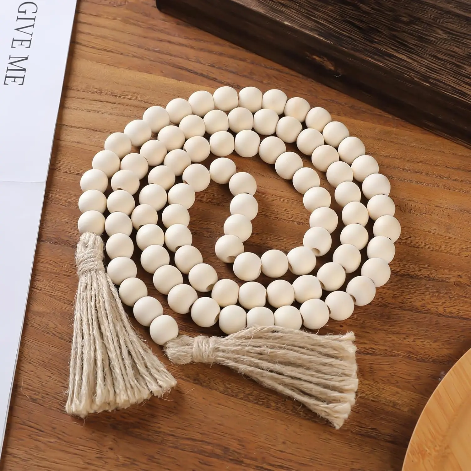 Handcrafted Decorative Wooden Bead Garland - 58in Tassel Garland, Farmhouse Wall Decor, Wedding Event Decor, Versatile Boho Home & Festive Decoration