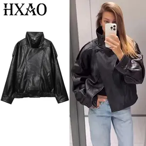 HXAO Black Leather Jacket Women's Jackets Autumn Long Sleeve Button Zip Up Outerwears New In Coats & Jackets Motorcycle Jacket